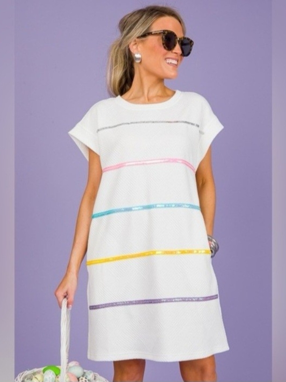 Entro White Mini Shift Textured Dress with Silver And Pastel Sequins Size L